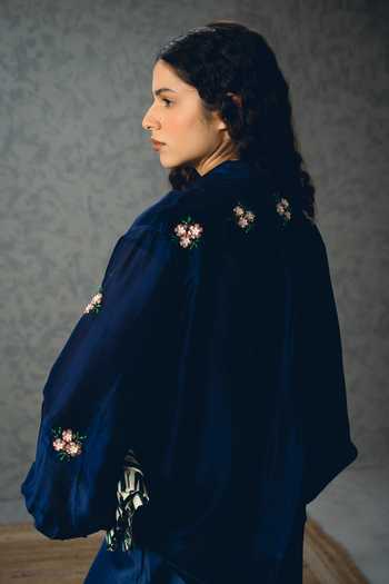 Shop_EASE_Navy Silk Organza Embroidery V-, Sweetheart Taksu Shirt And Palazzo Set _at_Aza_Fashions