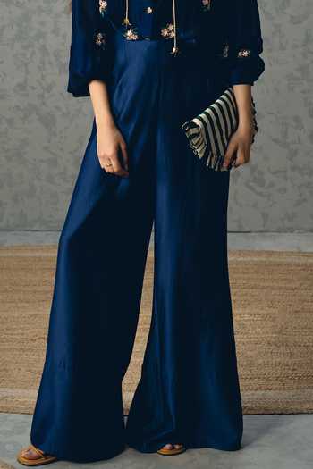 EASE_Navy Silk Organza Embroidery V-, Sweetheart Taksu Shirt And Palazzo Set _Online_at_Aza_Fashions