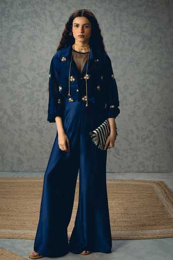 Buy_EASE_Navy Silk Organza Embroidery V-, Sweetheart Taksu Shirt And Palazzo Set _at_Aza_Fashions