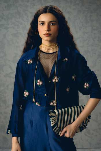 Buy_EASE_Navy Silk Organza Embroidery V-, Sweetheart Taksu Shirt And Palazzo Set _Online_at_Aza_Fashions