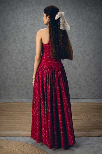 Shop_EASE_Maroon Poplin Embroidery Square , Halter Akari Checkered Print Dress _at_Aza_Fashions