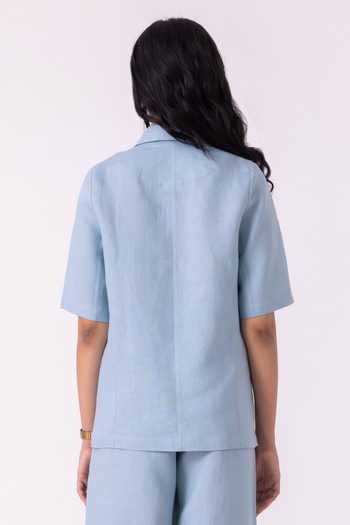 Shop_The Summer House_Blue Linen Notched Neck Jo Jacket _at_Aza_Fashions
