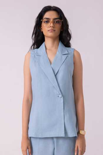 Buy_The Summer House_Blue Linen Shawl Neck Serena Vest _at_Aza_Fashions
