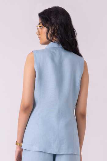 Shop_The Summer House_Blue Linen Shawl Neck Serena Vest _at_Aza_Fashions