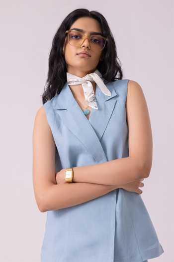 The Summer House_Blue Linen Shawl Neck Serena Vest _Online
