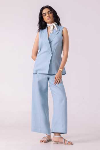 Buy_The Summer House_Blue Linen Moira Pant _at_Aza_Fashions