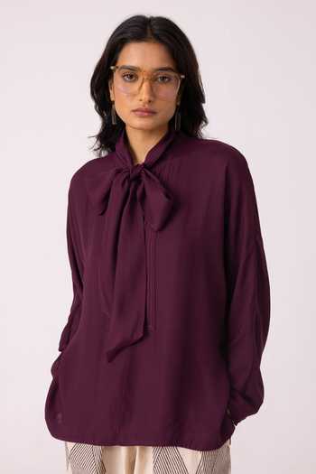 Buy_The Summer House_Wine Satin High Neck Celie Tie Up Top _at_Aza_Fashions