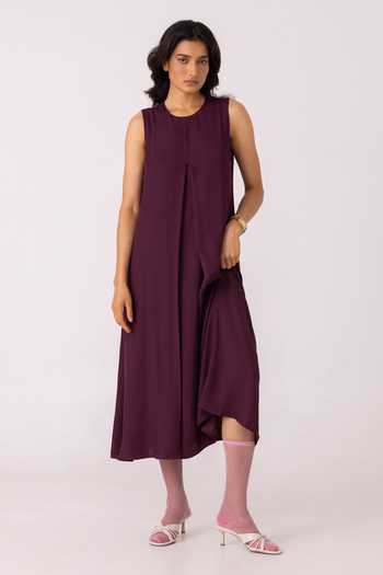 Buy_The Summer House_Wine Satin Round Neck Brooke Midi Dress _at_Aza_Fashions