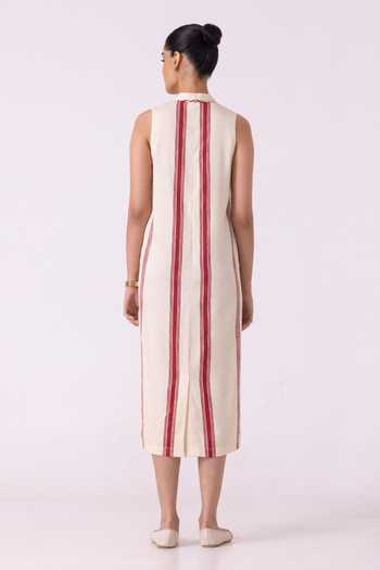 Shop_The Summer House_Cream Twill, Tencel Shawl Neck Eileen Red Striped Midi Dress _at_Aza_Fashions