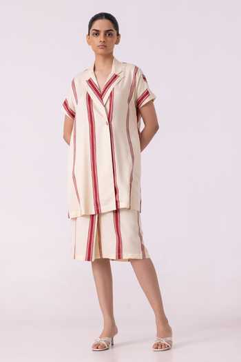 Shop_The Summer House_White Twill, Tencel Prynne Red Striped Skirt _at_Aza_Fashions