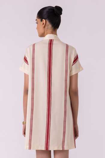 Shop_The Summer House_Red Tencel, Twill V-neck, Collared Amy Striped Blazer Dress _at_Aza_Fashions