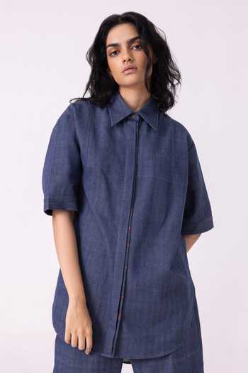 Buy_The Summer House_Blue Cotton Collared Ava Handwoven Denim Shirt _at_Aza_Fashions