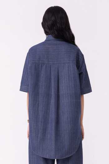 Shop_The Summer House_Blue Cotton Collared Ava Handwoven Denim Shirt _at_Aza_Fashions