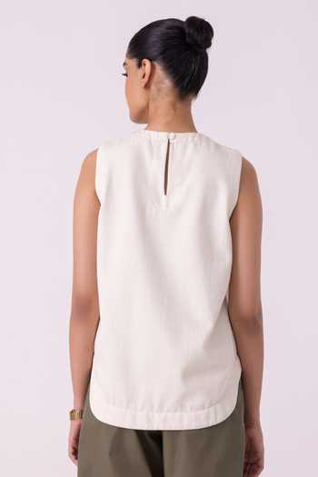 Shop_The Summer House_Off White Denim, Handloom Cotton Round Neck Dorothy Handwoven Top _at_Aza_Fashions