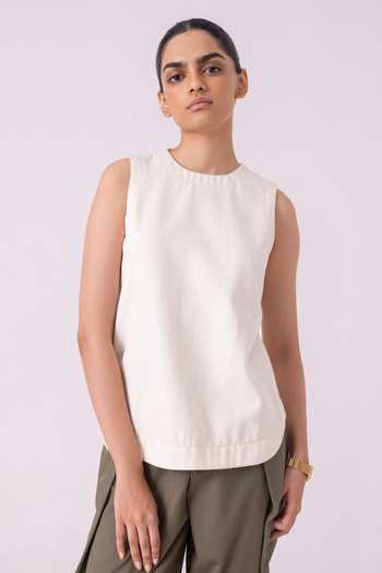 The Summer House_Off White Denim, Handloom Cotton Round Neck Dorothy Handwoven Top _Online_at_Aza_Fashions