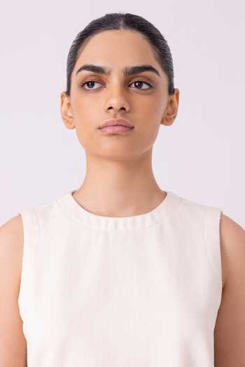 Shop_The Summer House_Off White Denim, Handloom Cotton Round Neck Dorothy Handwoven Top _Online_at_Aza_Fashions