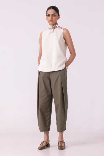 The Summer House_Off White Denim, Handloom Cotton Round Neck Dorothy Handwoven Top _at_Aza_Fashions