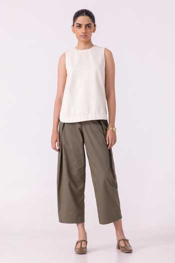 Buy_The Summer House_Off White Denim, Handloom Cotton Round Neck Dorothy Handwoven Top 