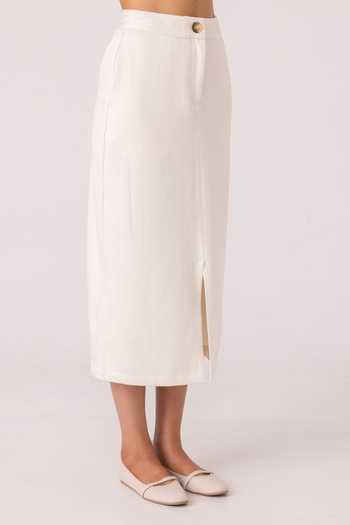 The Summer House_Off White Handloom Cotton, Denim Roxanne Midi Skirt _Online_at_Aza_Fashions