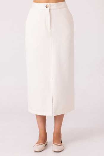 Buy_The Summer House_Off White Handloom Cotton, Denim Roxanne Midi Skirt _Online_at_Aza_Fashions