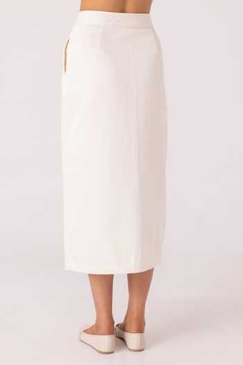 Shop_The Summer House_Off White Handloom Cotton, Denim Roxanne Midi Skirt _Online_at_Aza_Fashions