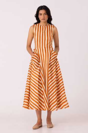 Buy_The Summer House_Orange Cotton Round Neck Valentino Rust Striped Midi Dress _at_Aza_Fashions