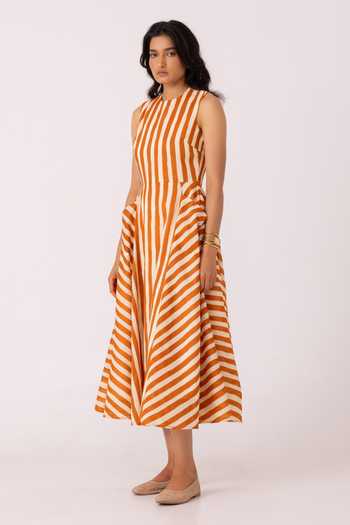 The Summer House_Orange Cotton Round Neck Valentino Rust Striped Midi Dress _Online_at_Aza_Fashions