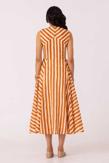 Shop_The Summer House_Orange Cotton Round Neck Valentino Rust Striped Midi Dress _at_Aza_Fashions