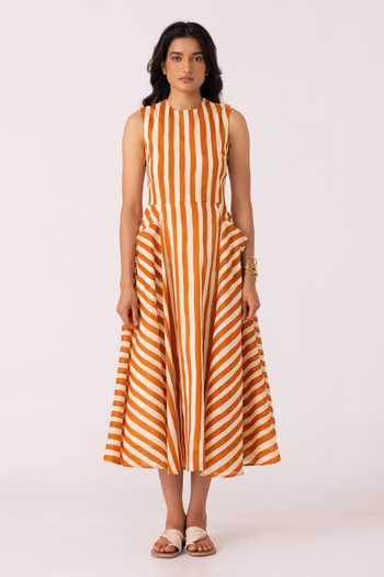 Buy_The Summer House_Orange Cotton Round Neck Valentino Rust Striped Midi Dress _Online_at_Aza_Fashions