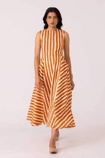 Shop_The Summer House_Orange Cotton Round Neck Valentino Rust Striped Midi Dress _Online_at_Aza_Fashions