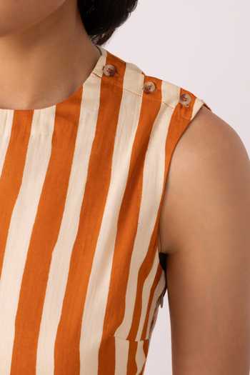 The Summer House_Orange Cotton Round Neck Valentino Rust Striped Midi Dress _at_Aza_Fashions