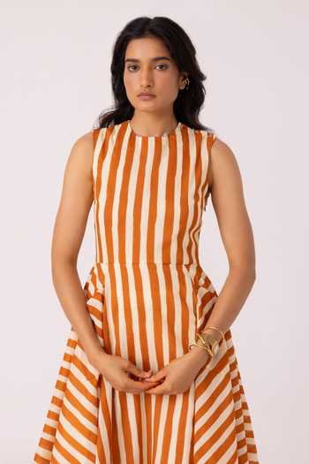 Buy_The Summer House_Orange Cotton Round Neck Valentino Rust Striped Midi Dress 