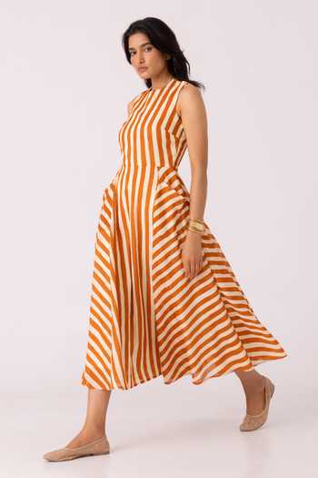 Shop_The Summer House_Orange Cotton Round Neck Valentino Rust Striped Midi Dress 