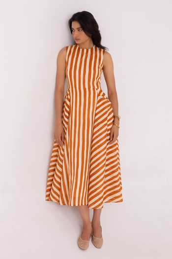The Summer House_Orange Cotton Round Neck Valentino Rust Striped Midi Dress _Online
