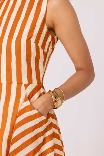Buy_The Summer House_Orange Cotton Round Neck Valentino Rust Striped Midi Dress _Online