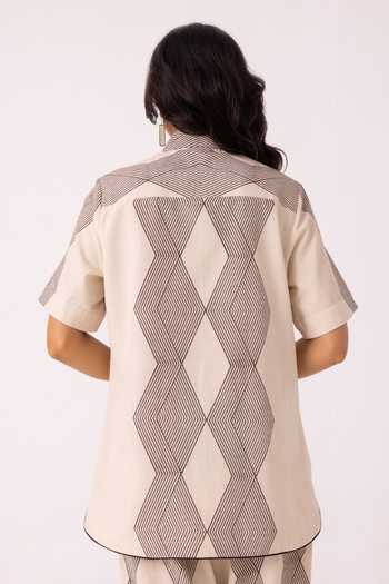 Shop_The Summer House_Cream Cotton Collared Tess Hand Printed Shirt _at_Aza_Fashions