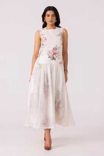 Buy_The Summer House_White Cotton, Voile Round Neck Aleksey Floral Print Midi Dress _at_Aza_Fashions