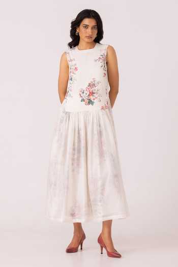 The Summer House_White Cotton, Voile Round Neck Aleksey Floral Print Midi Dress _Online_at_Aza_Fashions