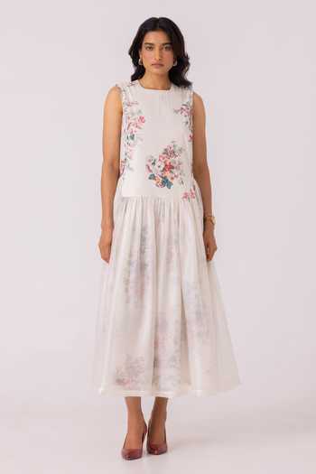 Buy_The Summer House_White Cotton, Voile Round Neck Aleksey Floral Print Midi Dress _Online_at_Aza_Fashions