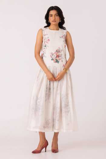 The Summer House_White Cotton, Voile Round Neck Aleksey Floral Print Midi Dress _at_Aza_Fashions