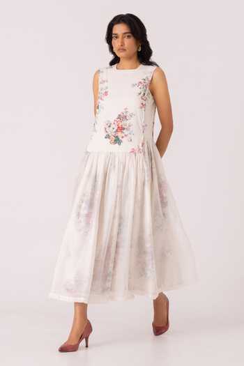 Buy_The Summer House_White Cotton, Voile Round Neck Aleksey Floral Print Midi Dress 