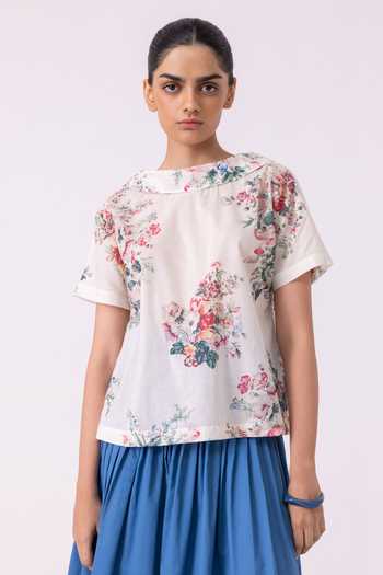 Buy_The Summer House_Multi Color Cotton, Voile Shawl Neck Nora Floral Print Top _at_Aza_Fashions