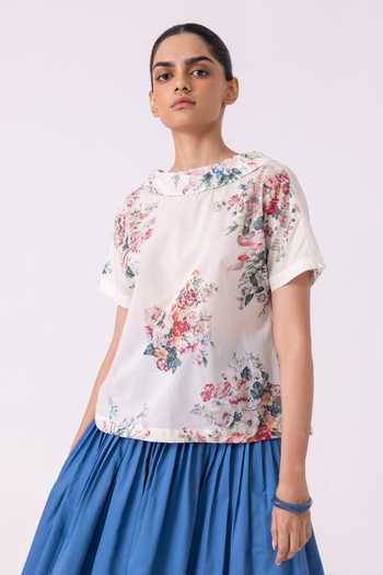 Shop_The Summer House_Multi Color Cotton, Voile Shawl Neck Nora Floral Print Top _Online_at_Aza_Fashions