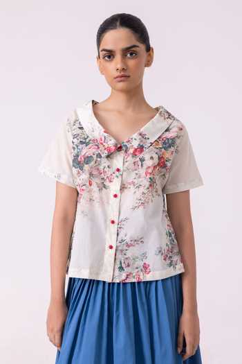 Buy_The Summer House_Multi Color Cotton, Voile Shawl Neck Nora Floral Print Top 