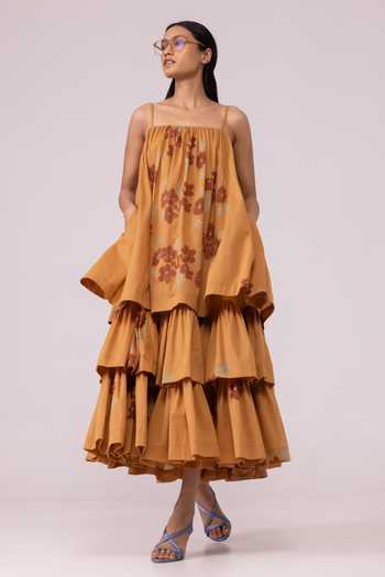 The Summer House_Orange Square Neck Lev Floral Print Tiered Dress _Online_at_Aza_Fashions