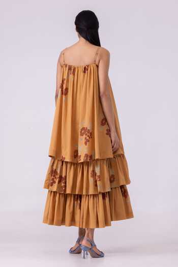 Shop_The Summer House_Orange Square Neck Lev Floral Print Tiered Dress _at_Aza_Fashions