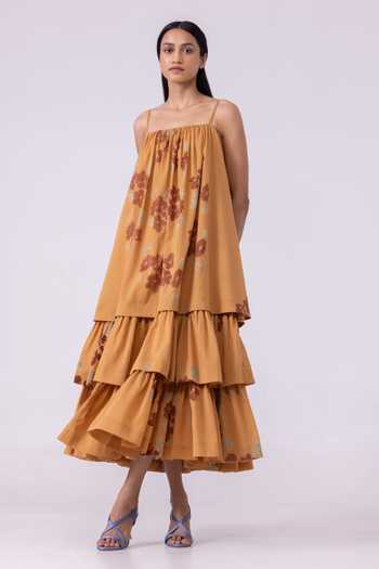 Buy_The Summer House_Orange Square Neck Lev Floral Print Tiered Dress _Online_at_Aza_Fashions