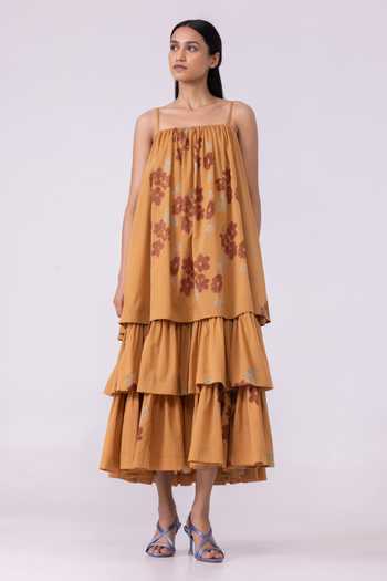 Shop_The Summer House_Orange Square Neck Lev Floral Print Tiered Dress _Online_at_Aza_Fashions