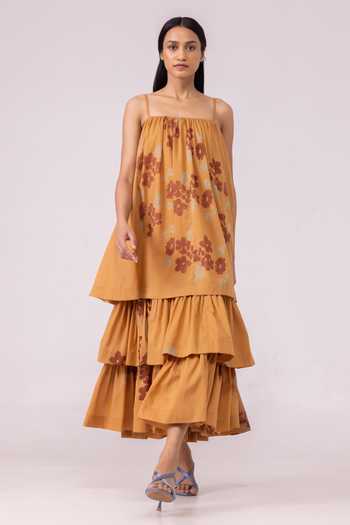 The Summer House_Orange Square Neck Lev Floral Print Tiered Dress _at_Aza_Fashions