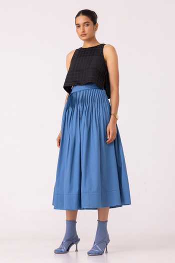 The Summer House_Blue Cotton Tereza Pleated Wrap Skirt _Online_at_Aza_Fashions